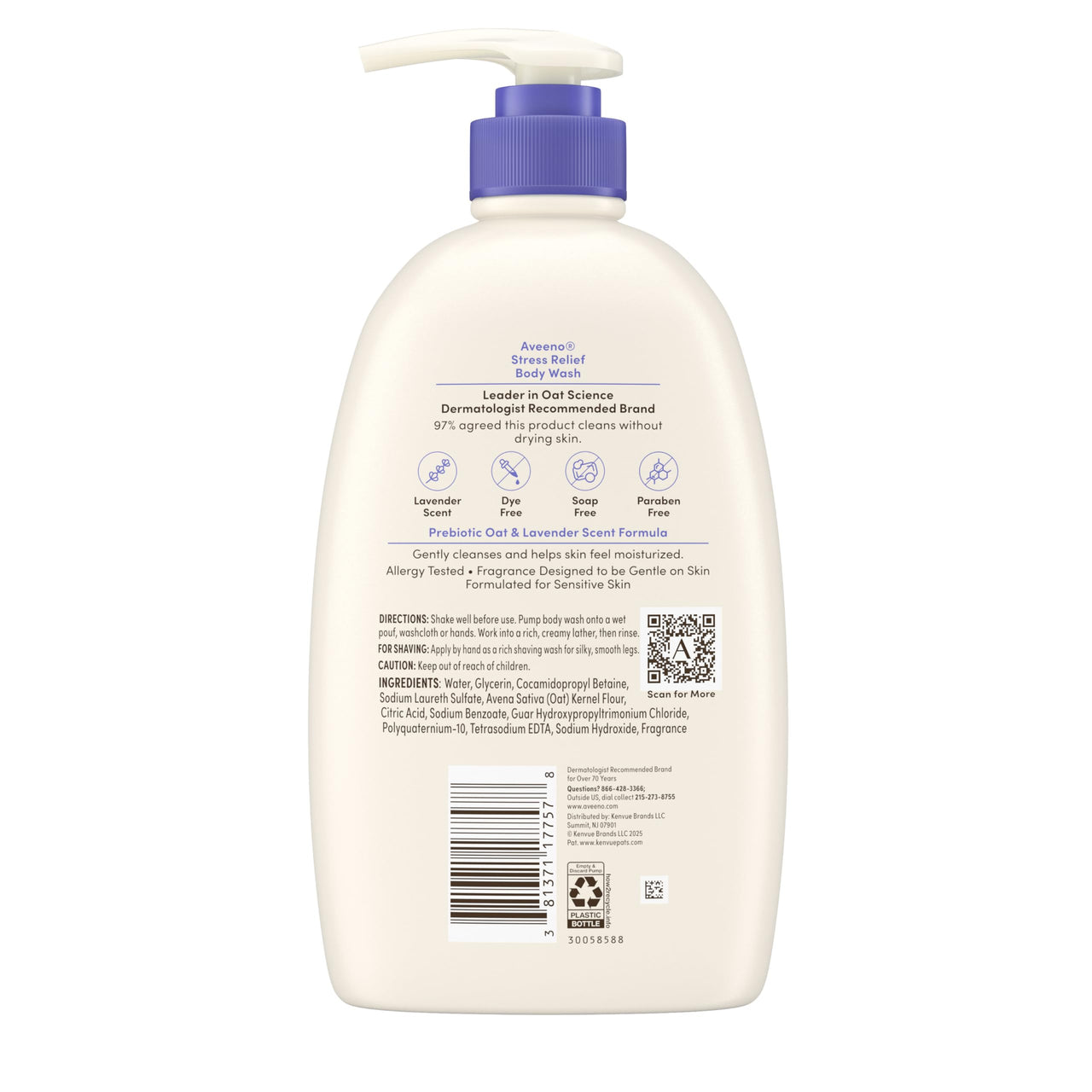 Aveeno Stress Relief Body Wash for Women, Calming Lavender Scent & Prebiotic Oat, Cleanser for Sensitive Dry Skin, Paraben, Dye & Soap-Free, 33 Fl Oz