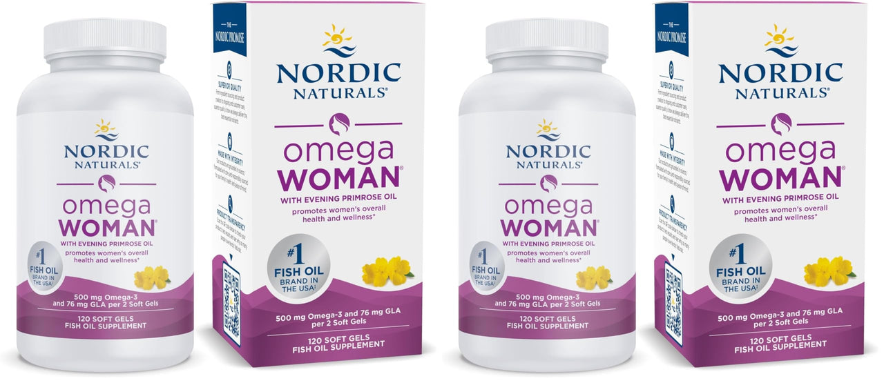 Nordic Naturals Omega Woman, Lemon - 120 Soft Gels - 500 mg Omega-3 + 800 mg Evening Primrose Oil - Healthy Skin & Optimal Wellness - Non-GMO - 60 Servings (Pack of 2)