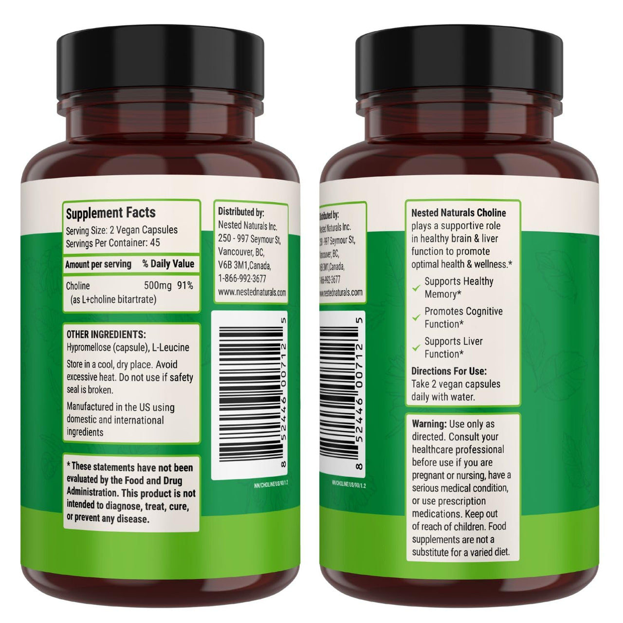Nested Naturals Choline Bitartrate 500mg - High Potency Choline Supplements - Supports Cognitive Performance & Liver Function - 100% Vegan & Non-GMO Choline - 90 Vegan Capsules