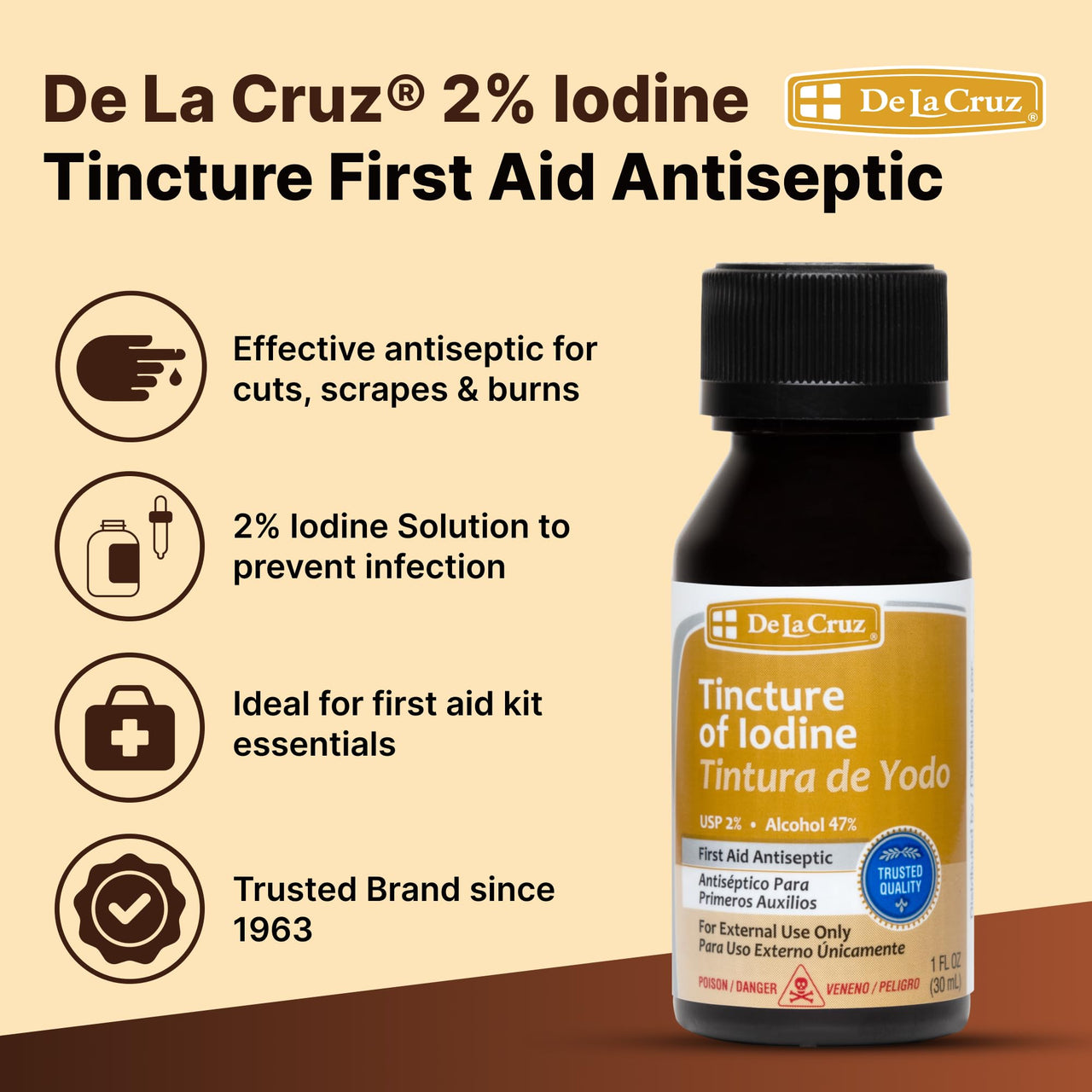 De La Cruz 2% Iodine First Aid Antiseptic, Made in USA 1 FL OZ (1 Bottle)