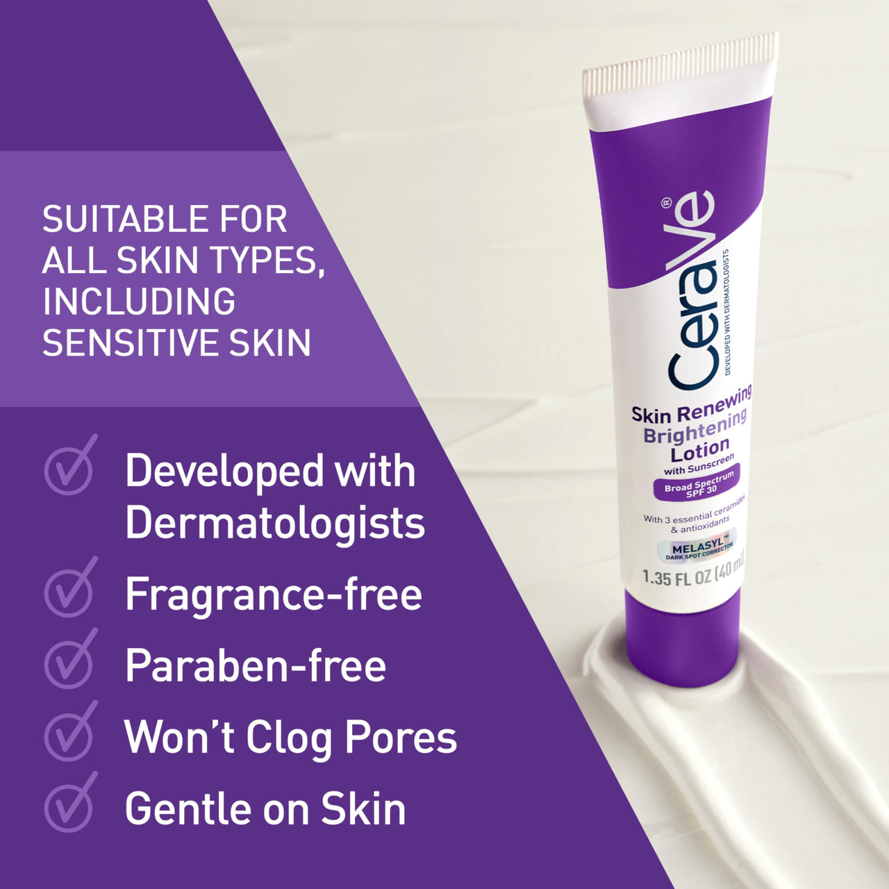 CeraVe Skin Renewing Brightening Lotion SPF 30, Anti Aging Facial Moisturizer Hydrates, Brightens and Evens Skin Tone, Contains Ceramides + Niacinamide + Antioxidants, Fragrance-Free, 1.35 fl oz
