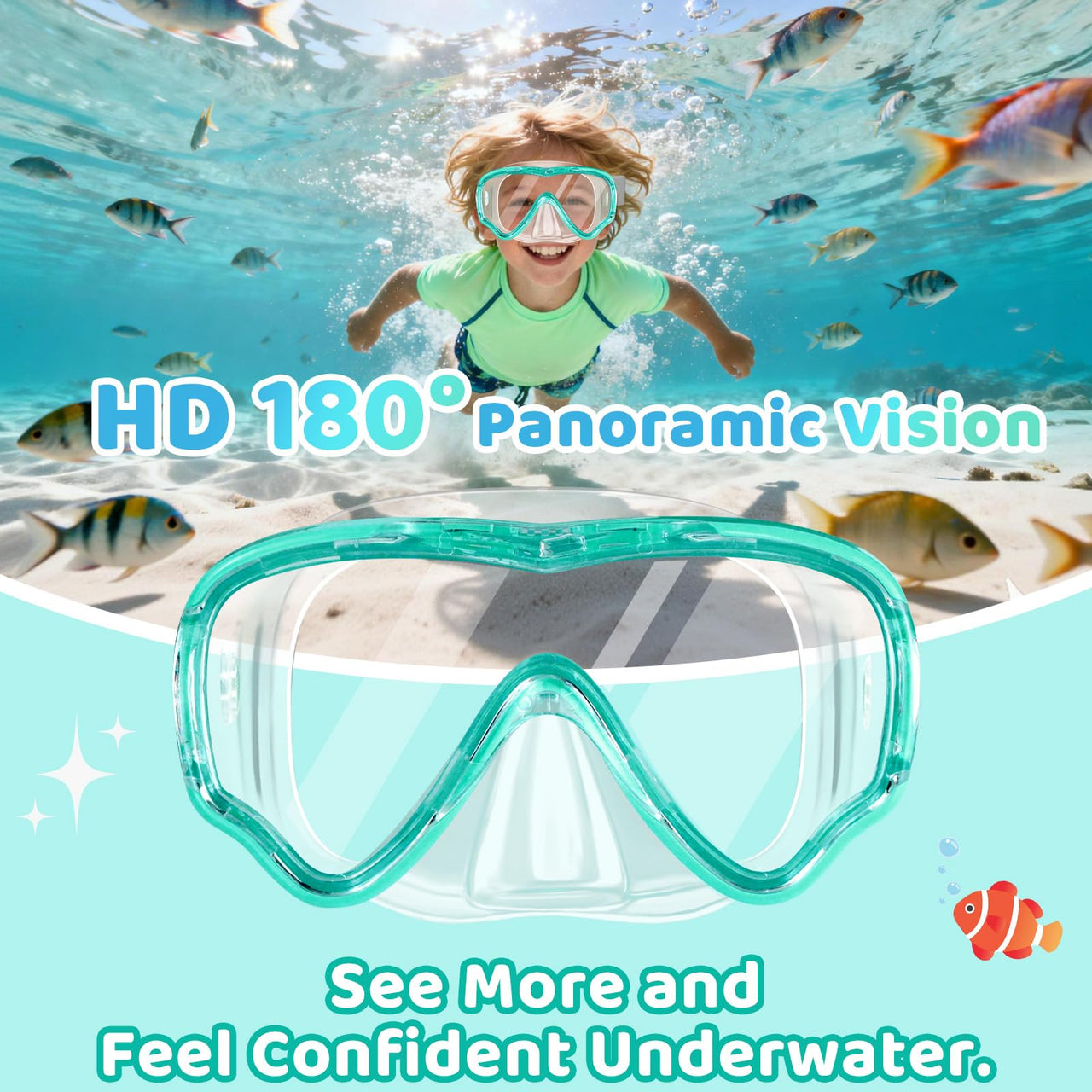 Vvinca Snorkel Set for Kids 3-14, Dry Top Snorkeling Gear for Boys Girls Youth, Panoramic View Swim Goggles with Nose Cover & Anti-Fog Lens, Junior Scuba Diving Mask with Adjustable Soft Fabric Strap