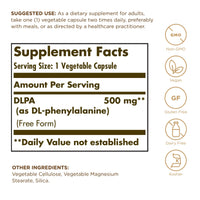 Thumbnail for Solgar DLPA 500 mg - 100 Vegetable Capsules - Free Form DL-Phenylalanine - Non-GMO, Vegan, Gluten Free, Dairy Free, Kosher - 100 Servings