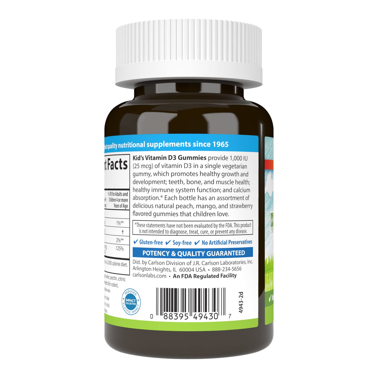 Carlson - Kid's Vitamin D3 Gummies, 1000 IU (25 mcg), Bone Health & Immune Support, Growth & Development, Vitamin D Gummies, D3 Gummy Vitamins, Natural Fruit Flavors, 60 Vegetarian Gummies