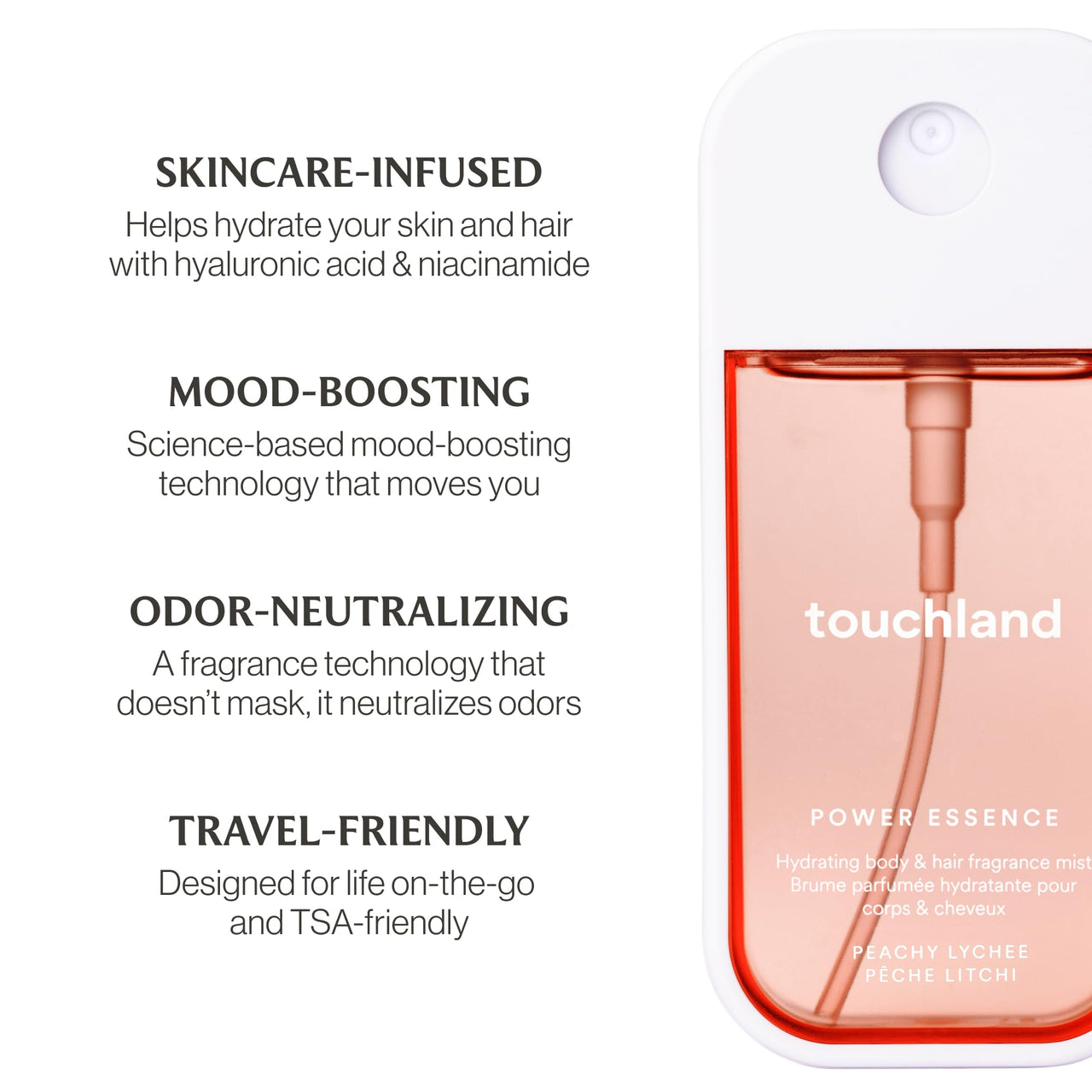 Touchland Hydrating Body & Hair Fragrance Mist, Peachy Lychee, 2 FL. OZ. Travel Size Body Spray