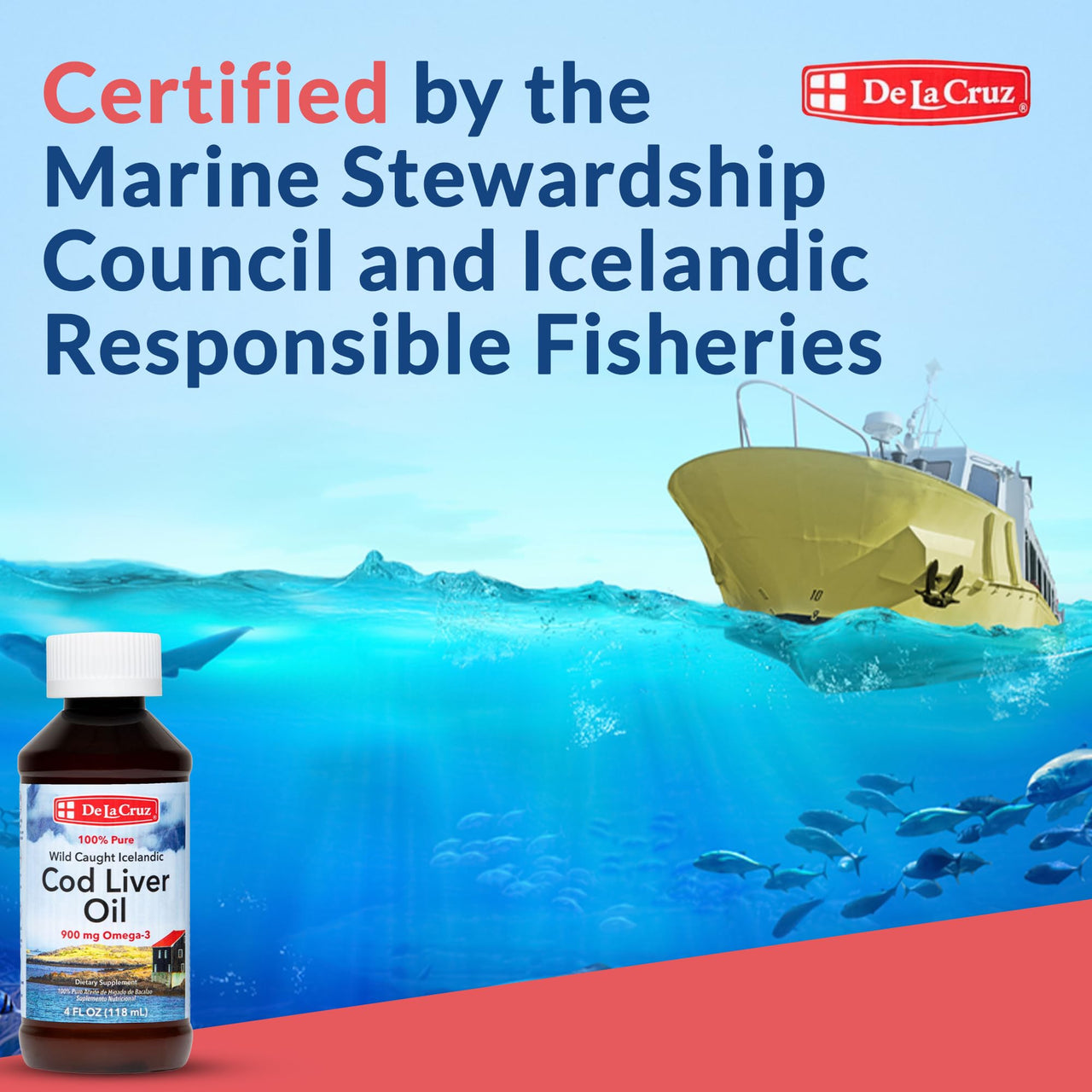 De La Cruz Cod Liver Oil Liquid Pure Wild Caught Icelandic Fish Oil Rich in Vitamin D & Omega 3 Fish Oil, Omega 3 Supplements 4 FL OZ (118 mL)