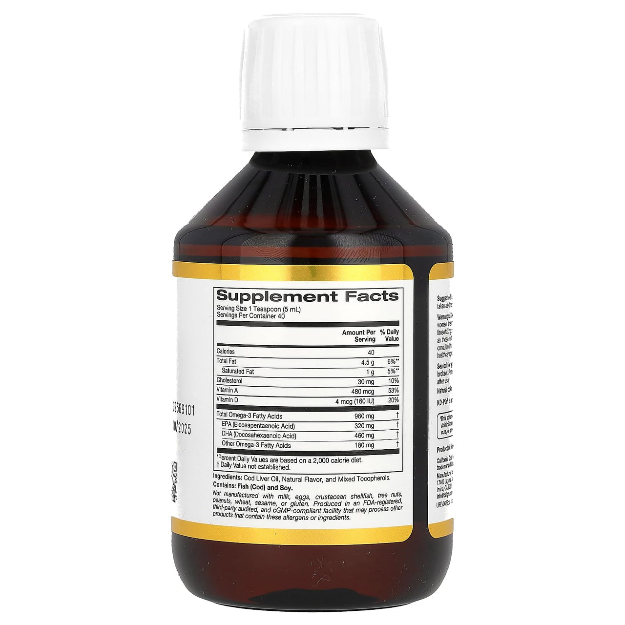 California Gold Nutrition Cod Liver Oil with Omega-3 Fatty Acids, EPA, DHA, Vitamins A and D, Norwegian, Triglyceride Form, Natural Lemon, 6.7 fl oz (200 ml)