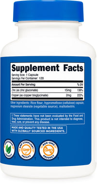 Thumbnail for Nutricost Zinc + Copper Capsules (120 Servings)(15MG Zinc + 2MG Copper Per Serving) - Non GMO, Vegetarian