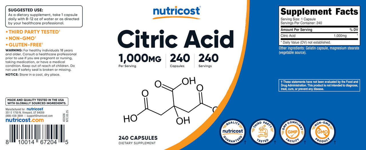 Nutricost Citric Acid 1000mg (1 gram), 240 Capsules - Gluten Free, Non-GMO