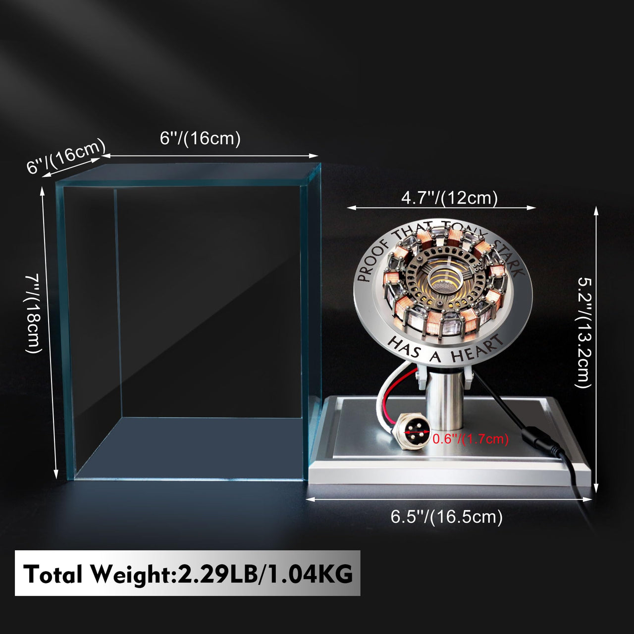 Arc Reactor 1:1 Ratio Vibration Sensing LED Light USB Connection with Display Case for Collections, has a heart