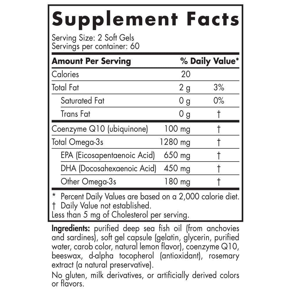 Nordic Naturals ProOmega CoQ10 - Fish Oil, 650 mg EPA, 450 mg DHA, 100 mg CoQ10, Promotes Neurological Health and Cellular Energy Production*, 120 Soft Gels