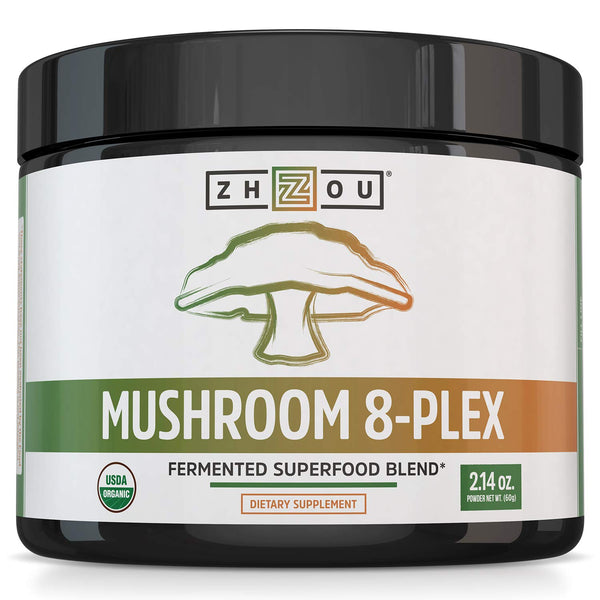 ZHOU Mushroom 8-Plex - Mushroom Supplement, Powder Blend, Coffee Alternative for Adults, Nootropic Complex for Health with Chaga, Lions Mane, Reishi & Turkey Tail - 2.14oz (30 Servings)