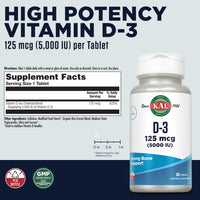 Thumbnail for KAL Vitamin D3 5000 IU 125 mcg, High Potency Vitamin D Tablets, Calcium Absorption, Bone Health and Immune Support Supplement, Rapid Disintegration D-3 ActivTabs, 60-Day Guarantee, 60 Serv, 60 Tablets