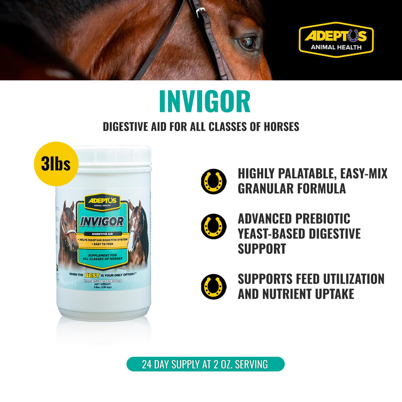 Adeptus Nutrition Invigor Equine Digestive Support Supplement, Daily Prebiotic Yeast Formula with Hydrolyzed & Dehydrated Yeast, Low-Sugar Feed Topper for All Classes of Horses, 3 Lbs