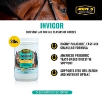 Thumbnail for Adeptus Nutrition Invigor Equine Digestive Support Supplement, Daily Prebiotic Yeast Formula with Hydrolyzed & Dehydrated Yeast, Low-Sugar Feed Topper for All Classes of Horses, 3 Lbs