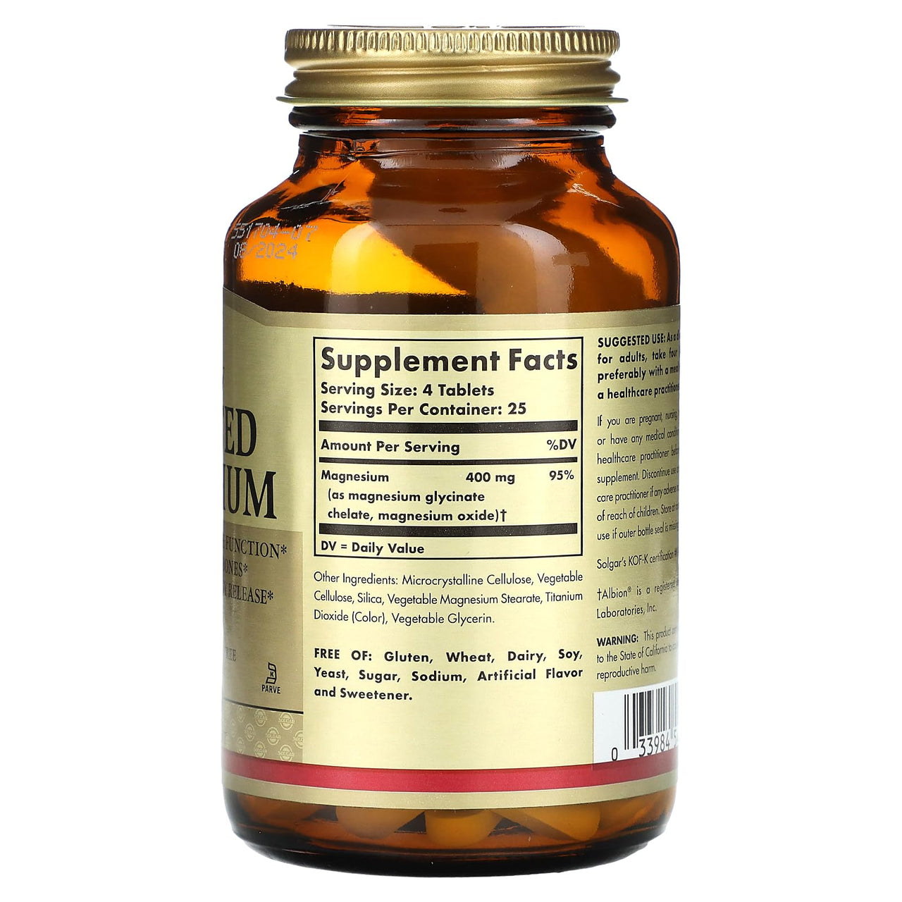 Solgar Chelated Magnesium - 100 Tablets - Supports Nerve & Muscle Function - Non-GMO, Vegan, Gluten Free, Dairy Free, Kosher - 25 Servings