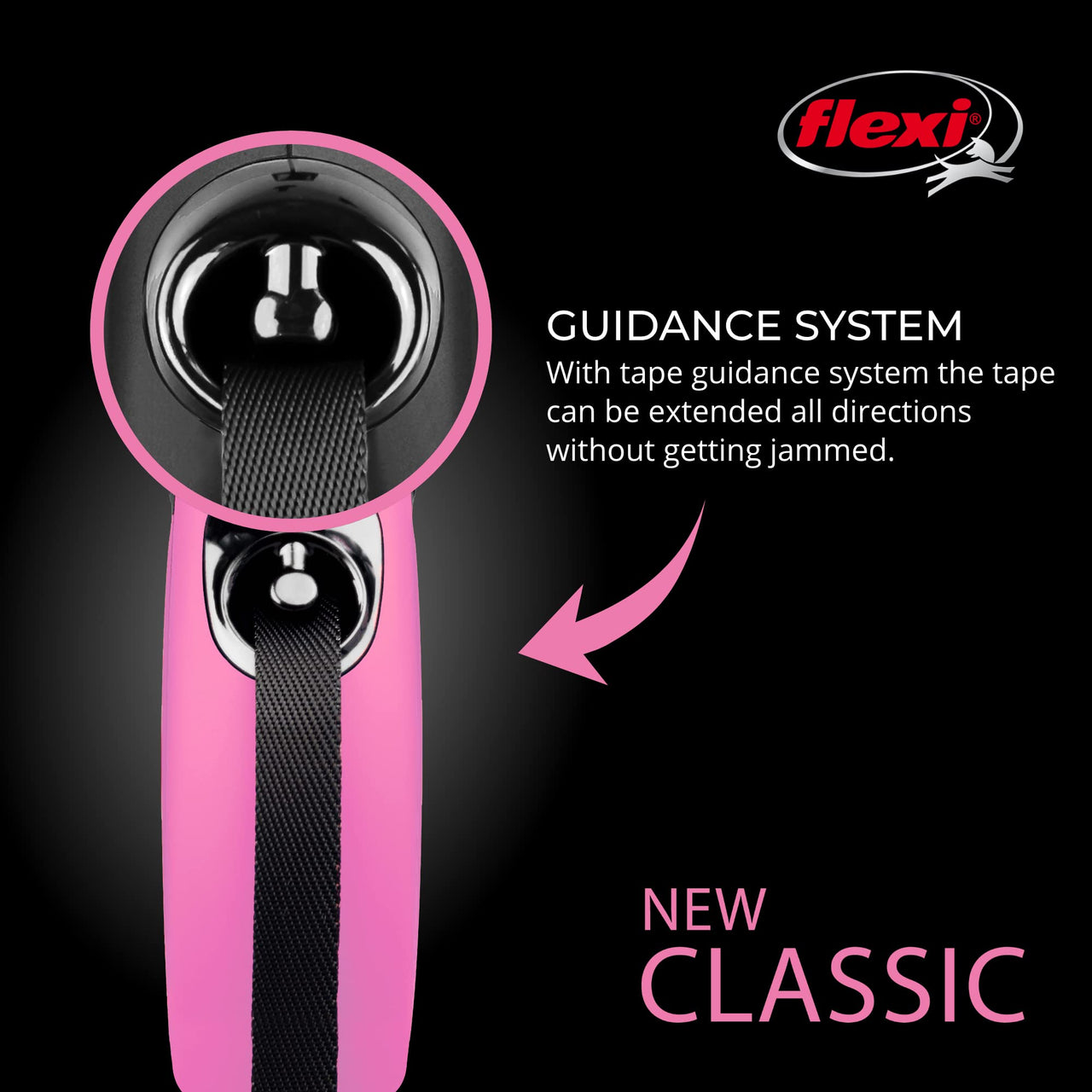 FLEXI New Classic Tape Retractable Dog Leash for Medium Dogs Upto 55 lbs. – 16 ft., Pink | Tangle Free Pet Walking Leash with One-Handed Brake, Pause, Lock | German Quality Product