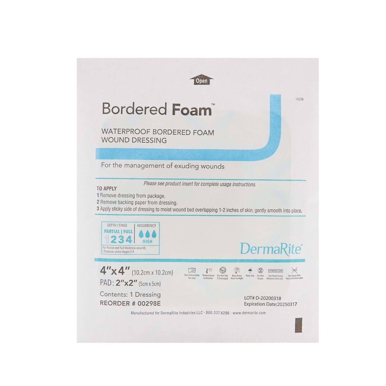 DermaRite's BorderedFoam - Waterproof Bordered Foam Island Dressing for Advanced Wound Care, Highly Absorbent - 4 in. x 4 in., 1 Count, 10 Packs, 10 Total