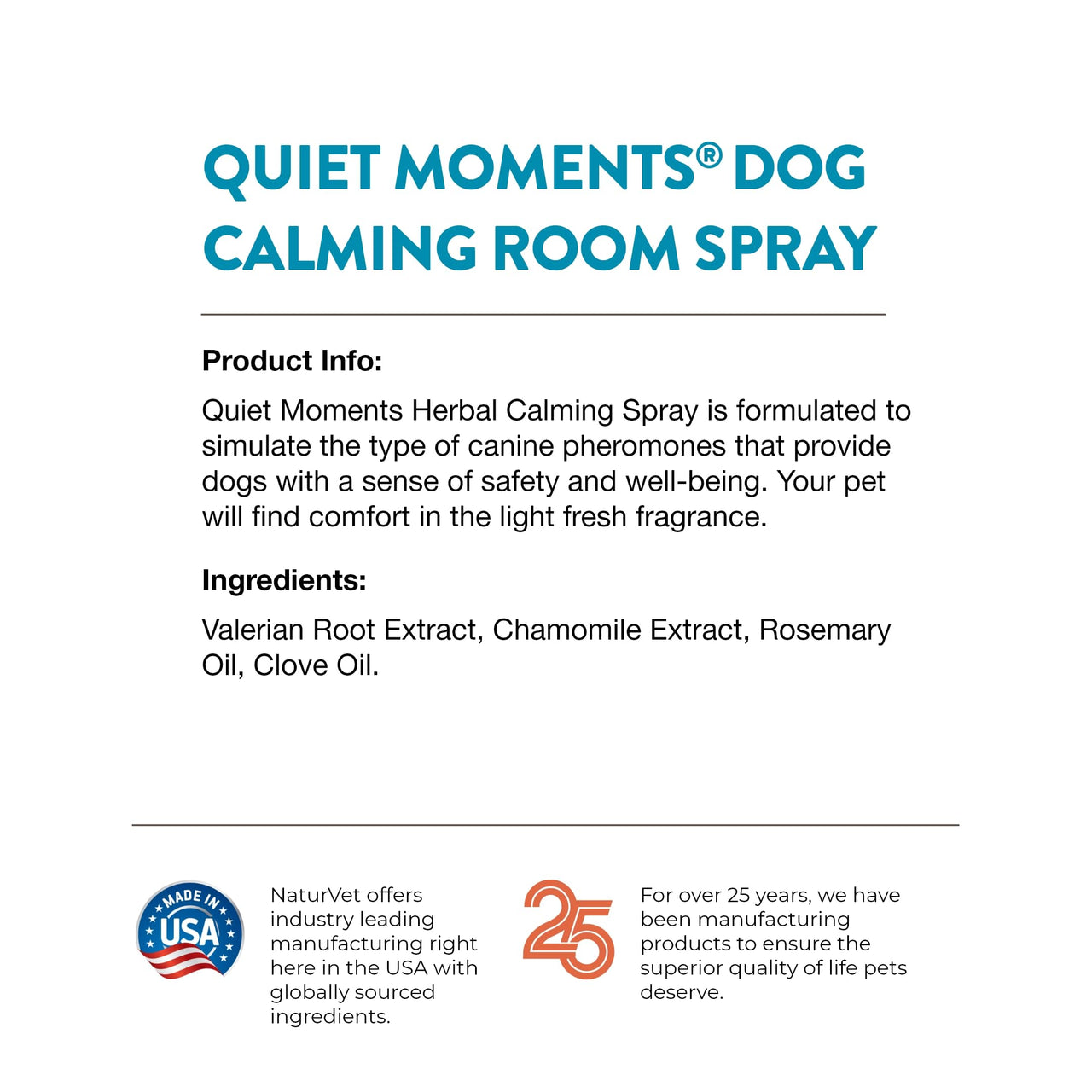 NaturVet Quiet Moments Herbal Calming Room Spray Dog Supplement – Ideal for Cars, Dog Crates, New Environments – Helps Reduce Pet Stress, Storm Anxiety, Motion Sickness – 8 Oz.