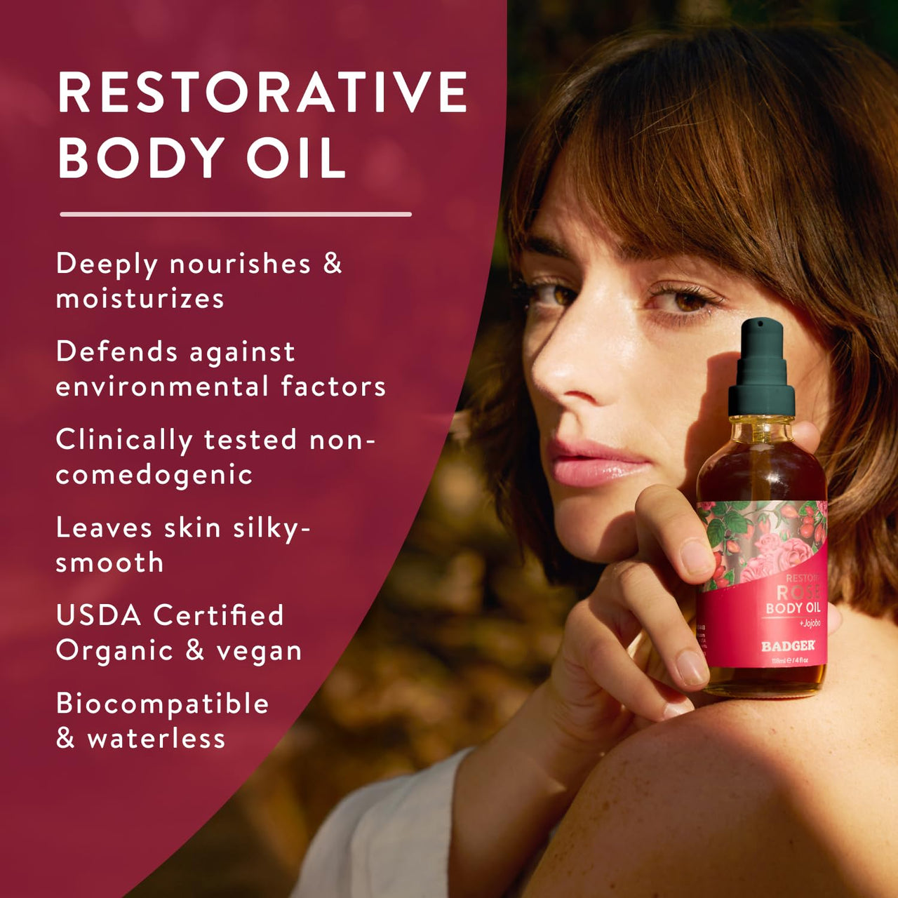 Badger Rose Body Oil, 100% Organic Rose Scented Body Oil, All Natural Body Moisturizer, Organic Jojoba & Rose Oils Soothe Dry Skin, 4 fl oz Glass Bottle