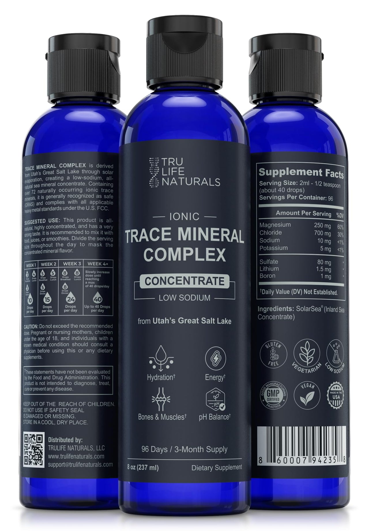 TRULIFE NATURALS Trace Mineral Complex â€“ 8 oz (96 Servings) â€“ 72+ Ionic Minerals Concentrate/Magnesium, Chloride, Boron, Potassium/Supports Hydration & Electrolyte Balance