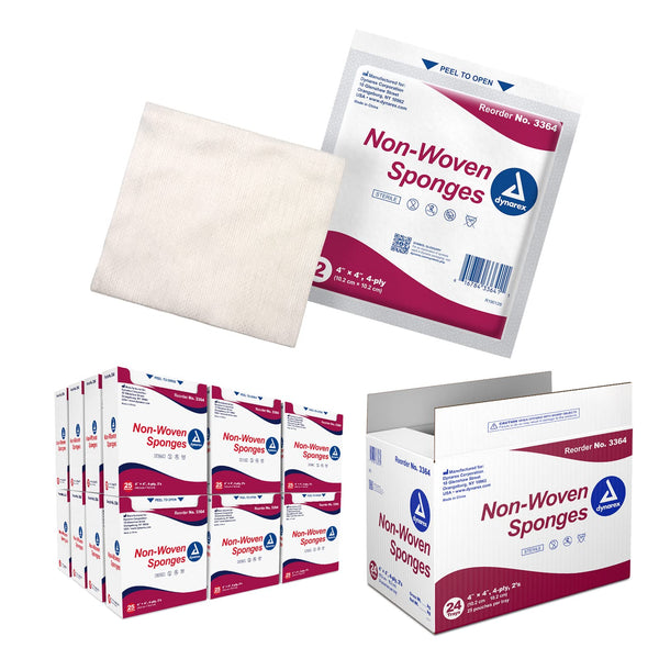 Dynarex Non-Woven Sponges, Sterile, Gauze Sponges, Highly-Absorbent and with Less Linting, 4"x 4", 4 Ply, 1 Case of 600 (24 Boxes of 25)