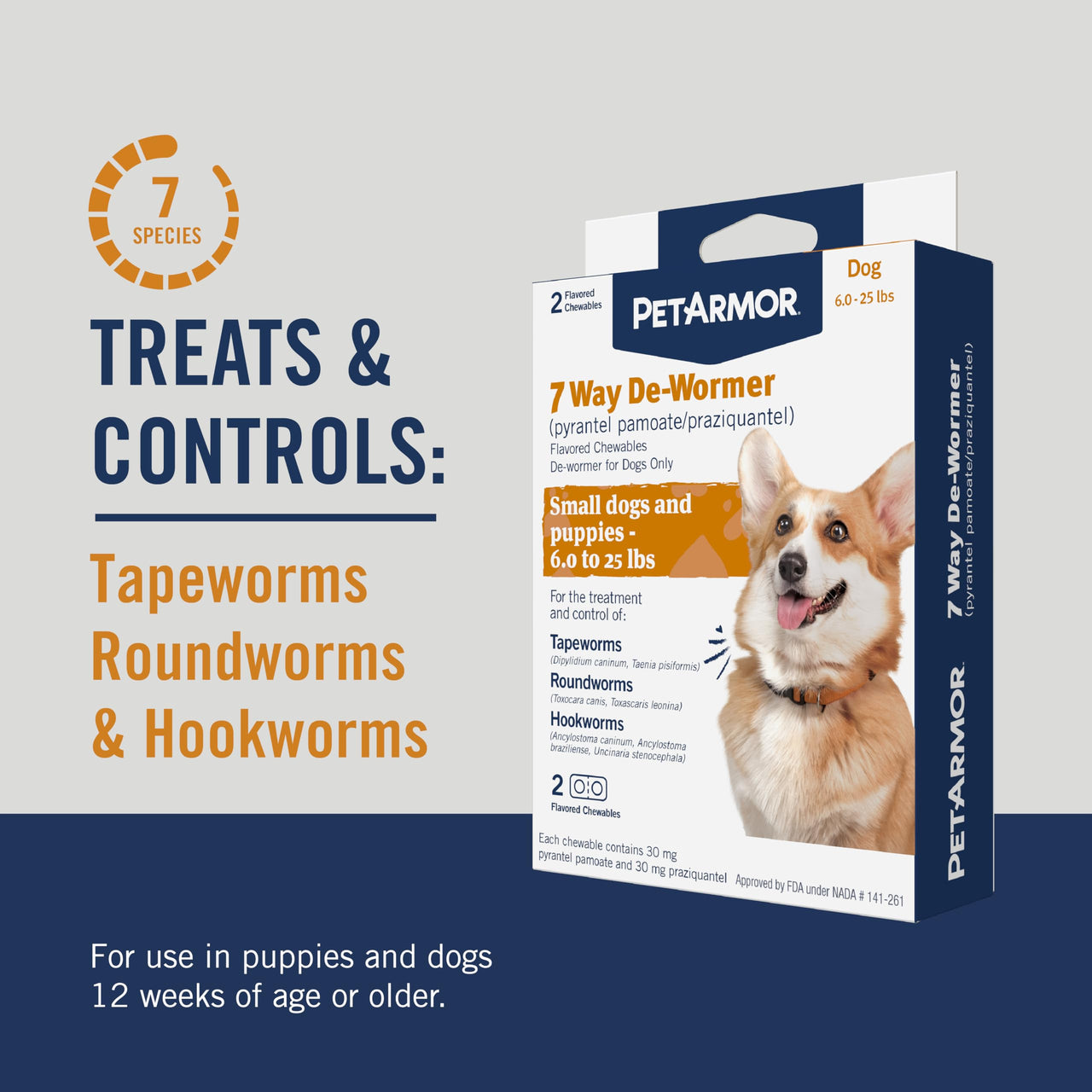PetArmor 7 Way De-Wormer for Dogs, Oral Treatment of Tapeworm, Roundworm & Hookworm, Dewormer for Puppies & Small Dogs (6-25 lbs), Worm Remover (Praziquantel & Pyrantel Pamoate), 2 Flavored Chewables