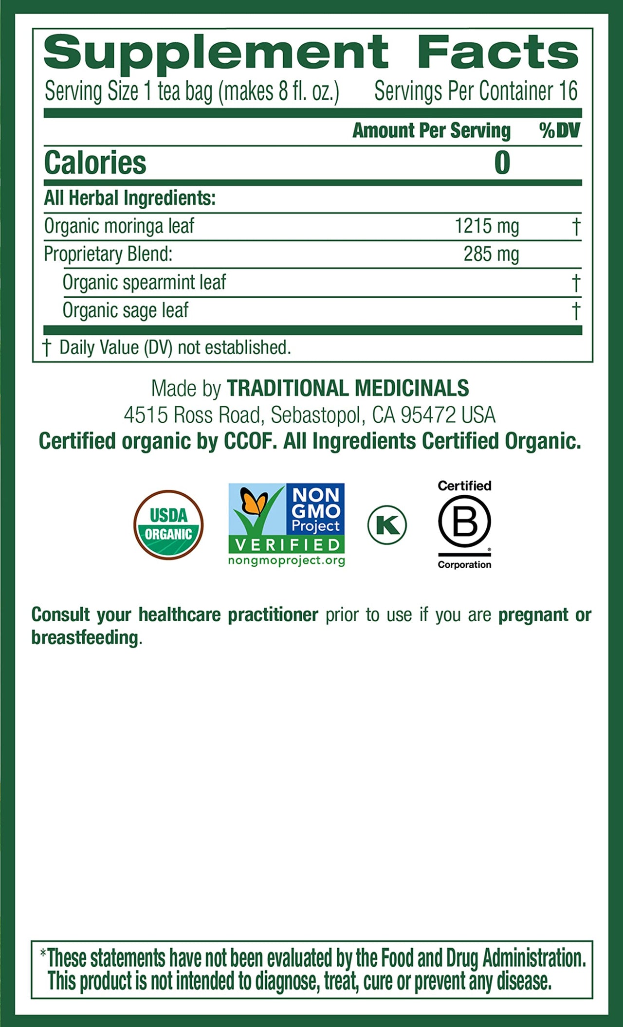 Traditional Medicinals Tea, Organic Moringa Spearmint & Sage - Everyday Wellness - Kosher, Non-GMO, Caffeine-Free - 16 Tea Bags