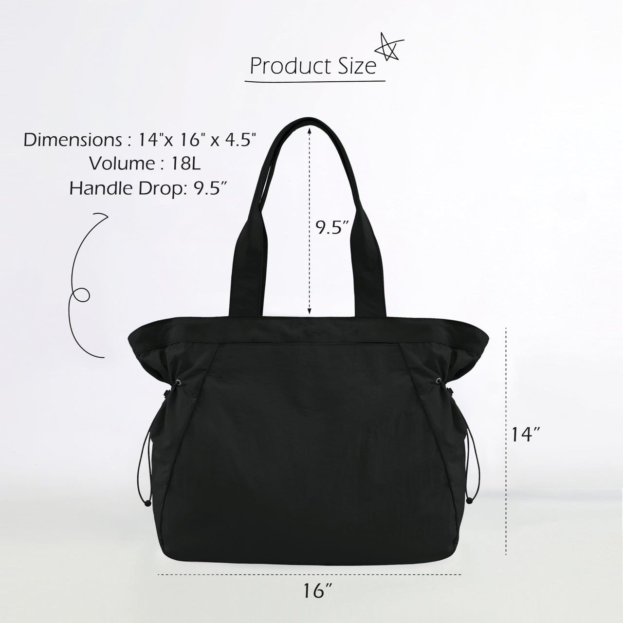 ODODOS 18L Side-Cinch Shopper Bags Lightweight Shoulder Bag Tote Handbag for Shopping Workout Beach Travel, Black