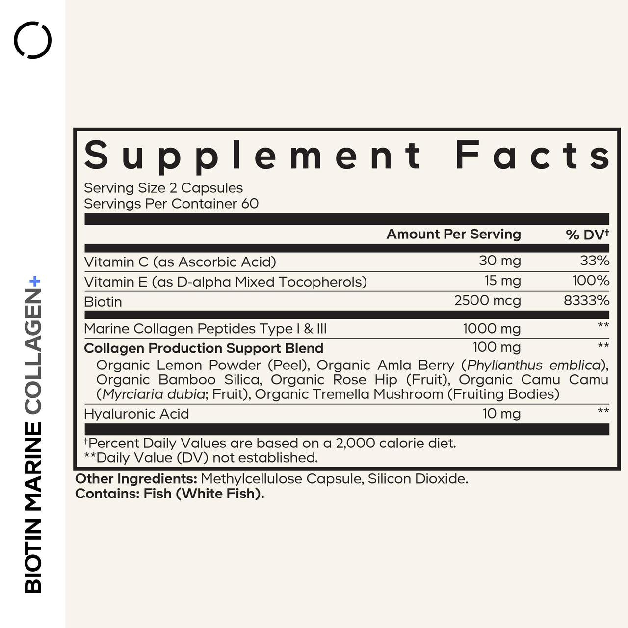 Codeage Biotin Marine Collagen Peptides - Wild-Caught Marine Collagen Types I & III, Biotin, Vitamins C & E, Hyaluronic Acid, Amino Acids, Fruit and Herb Blend, Non-GMO - 120 Capsules