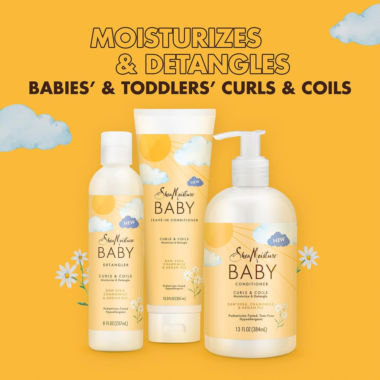 SheaMoisture Baby Essentials, Body Wash & Shampoo + Curls & Coils Conditioner, Detangler with Raw Shea, Chamomile & Argan Oil, Pediatrician-Tested, Hypoallergenic, Tear-Free, 13 Oz Ea