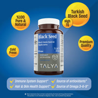 Thumbnail for TALYA Black Seed Oil Softgel with High Thymoquinone - Immune Support - Digestive Health - Brain Function - Joint Mobility - Cold-Pressed - Non-GMO - Turkish Black Cumin Seed 90 Capsule