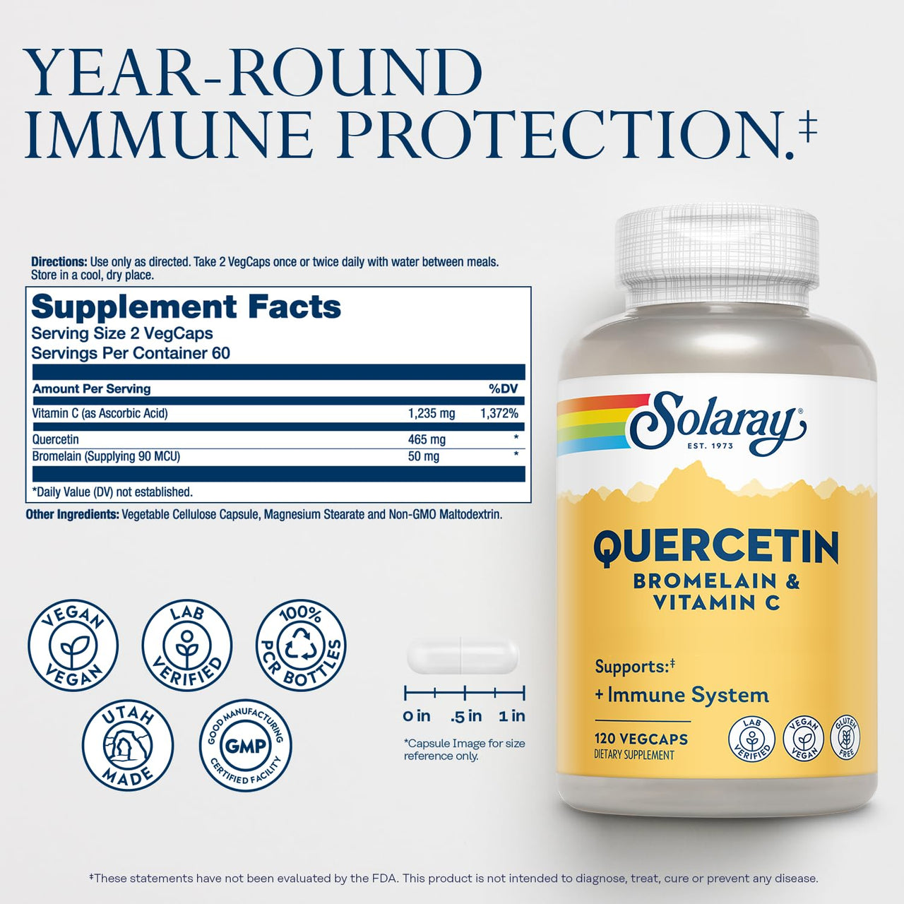 SOLARAY QBC Plex | Quercetin & Bromelain Plus Vitamin C | Year Round Immune Function & Respiratory Health Support | Non-GMO & Vegan | 120 VegCaps