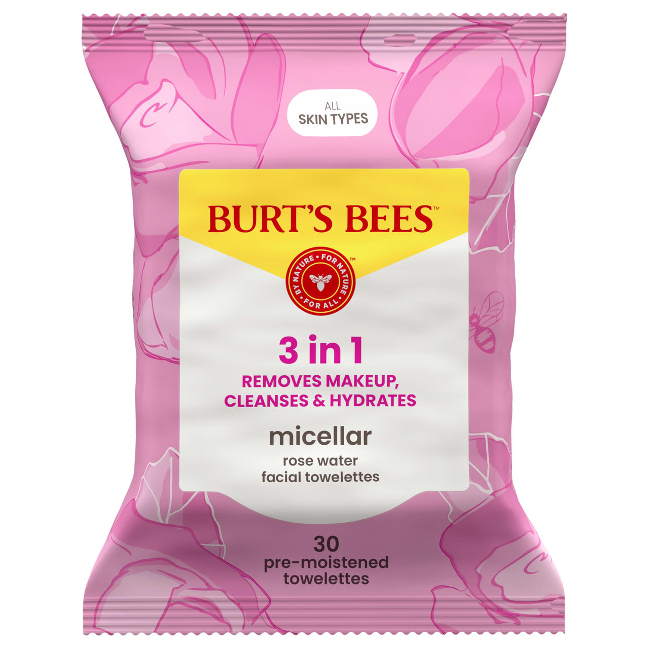 Burt’s Bees Micellar Rose Water Facial Towelettes, 100% Plant Based Cloth; 99% Natural Origin; Remove Makeup, Cleanse, Hydrate; No Greasy, Oily Residue; All Skin Types (Pack May Vary)