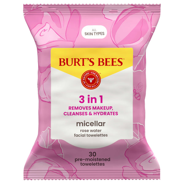 Burt’s Bees Micellar Rose Water Facial Towelettes, 100% Plant Based Cloth; 99% Natural Origin; Remove Makeup, Cleanse, Hydrate; No Greasy, Oily Residue; All Skin Types (Pack May Vary)