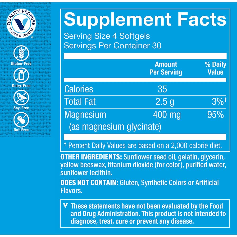 The Vitamin Shoppe Magnesium Glycinate 400 MG - Muscle Relaxation, Bone Health & Calm Support, Gentle on Stomach (120 Softgels)