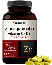 Thumbnail for NatureBell Zinc Quercetin with Vitamin C & D3, 240 Capsules | Quercetin 1,000mg + Zinc 50mg + Vitamin C 250mg + Vitamin D3 5,000 IU | 4-in-1 Advanced Immune & Lung Support | ZincVanta Formula