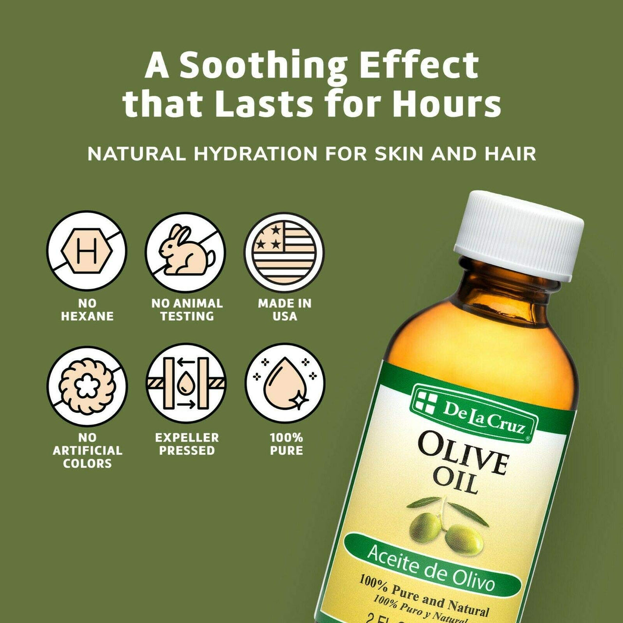 De La Cruz Pure Olive Oil - Natural Expeller Pressed Olive Oil for Hair and Skin - Lightweight Body Oil for Dry Skin 2 Fl Oz (3 Bottles)