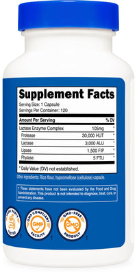 Thumbnail for Nutricost Lactase Enzyme Complex 3,000 FCC ALU, 120 Vegetarian Capsules - Non-GMO, Gluten Free, 120 Servings