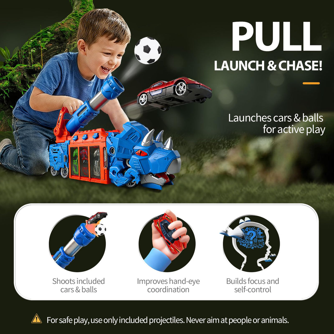 LUCKFUTURE Dinosaur Truck Toy, Blue Triceratops with Projectile Launcher - Shoots Vehicles, Dino Toy Truck with Storage for Children 3-7