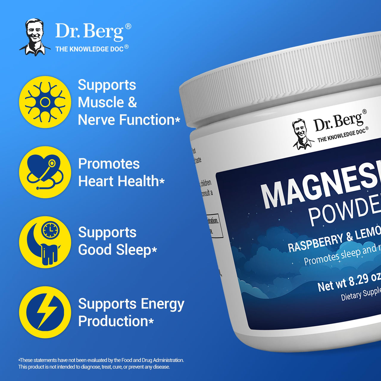 Dr. Berg Magnesium Glycinate Powder for Sleep, Relaxation, & Stress Relief - Raspberry & Lemon Flavor (50 Servings) Magnesium Powder - Ideal for Bedtime Support & Calming