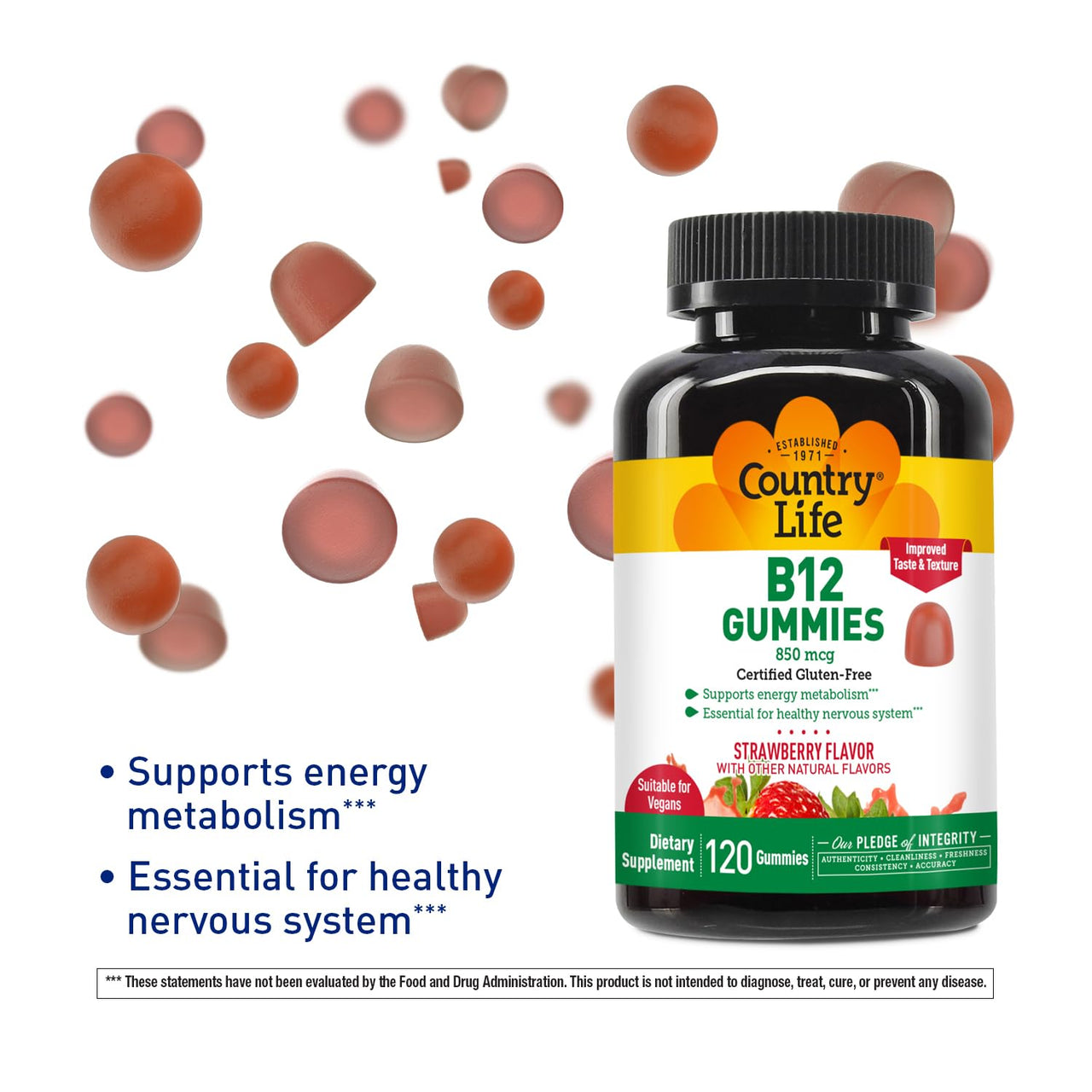 Country Life Vitamin B12 Gummies – 850 mcg Cyanocobalamin, 120 Count – Vegan, Gluten-Free Gummy Supplement for Energy Metabolism & Nervous System Support – Natural Strawberry Flavor, 2g Sugar