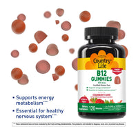 Thumbnail for Country Life Vitamin B12 Gummies – 850 mcg Cyanocobalamin, 120 Count – Vegan, Gluten-Free Gummy Supplement for Energy Metabolism & Nervous System Support – Natural Strawberry Flavor, 2g Sugar