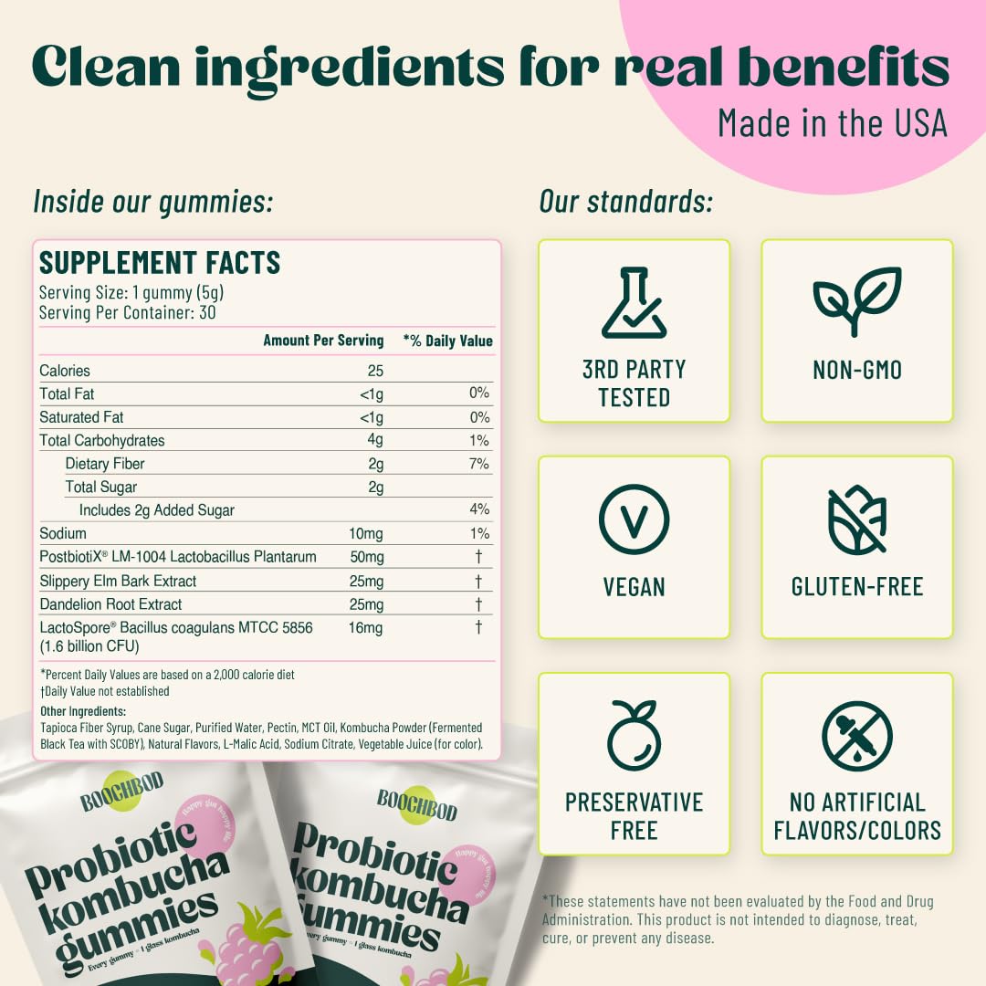 BoochBod - Probiotic Kombucha Gummy - Prebiotics, Probiotics, Postbiotics, Fiber Supplement, Slippery Elm, Dandelion Root, MCT Oil, for Bloating, Gut Health - Probiotics for Women and Men