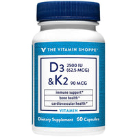 Thumbnail for The Vitamin Shoppe Vitamin D3 K2 2500 IU - Bone Density & Heart Health | D3 + K2 MK-7 | 60 Capsules | Synergistic Formula