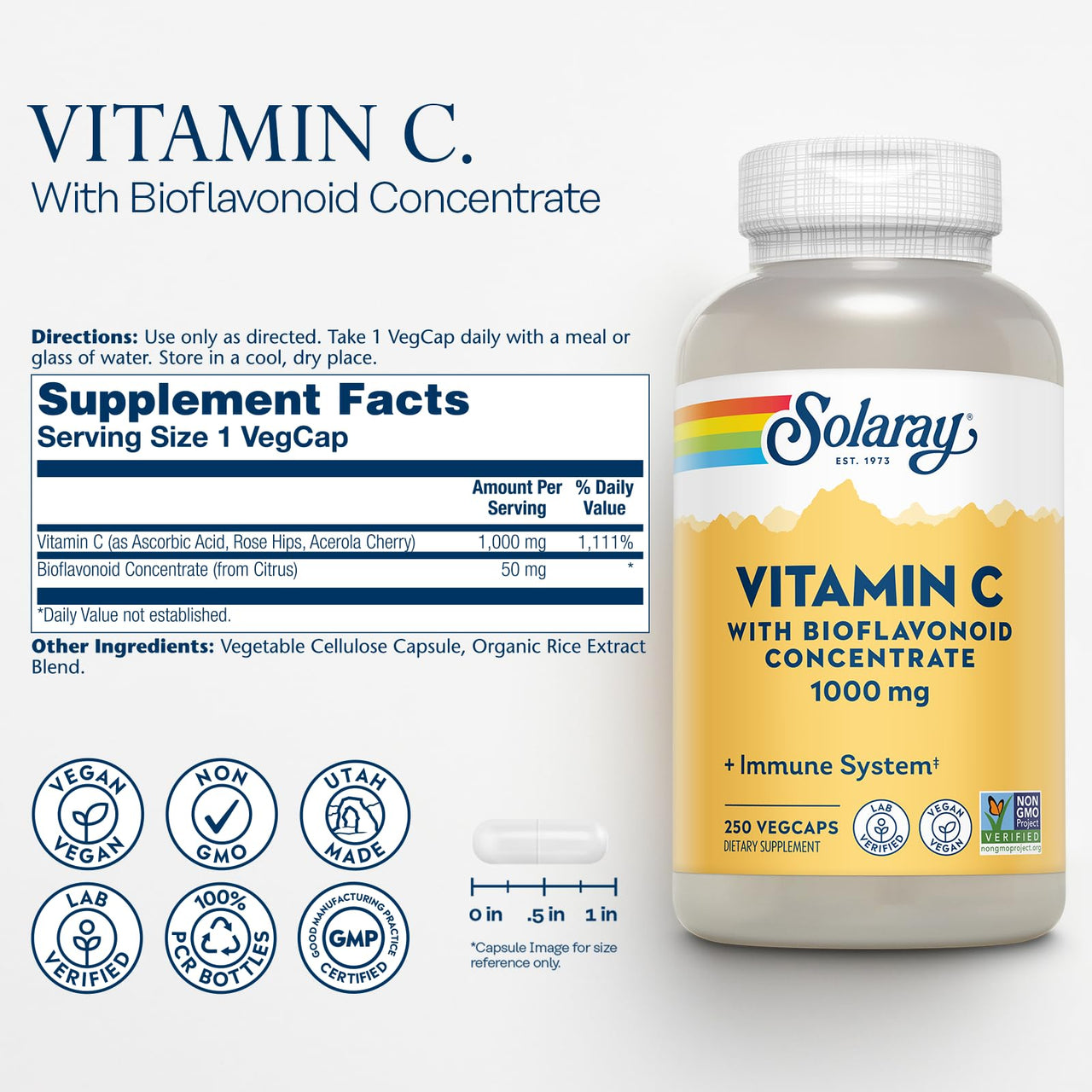 SOLARAY Vitamin C 1000mg with Bioflavonoids Concentrate - Vitamin C Capsules with Rose HIPS and Acerola Cherry - Antioxidant, Heart Health and Immune Support Supplement, Vegan, Non-GMO, 250 Servings