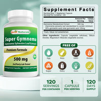 Thumbnail for Best Naturals Gymnema Sylvestre Extract 500 mg 120 Vegetarian Capsules - Contains Minimum of 25% Gymnemic Acid (Pack of 2)