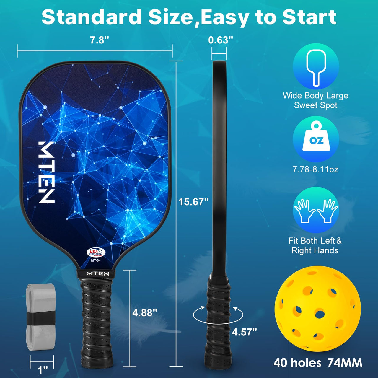 Pickleball Paddles, USAPA Approved Pickleball Paddles Set of 2, Fiberglass Surface Pickleball Set, 2Pickleball Rackets, 4 Pickleball Balls, 2Grip Tapes & Carry Bag for Men Women