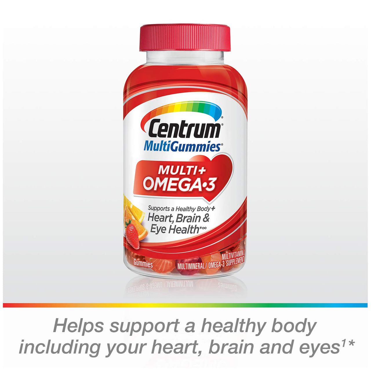 Centrum MultiGummies Multi + Omega-3 Natural Strawberry, Lemon, Orange Flavors Multivitamin/Multimineral Supplement Gummy, 100 Count