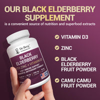 Thumbnail for Dr. Berg Black Elderberry Capsules (Advanced Immune Support*) with 15,000 IU Vitamin D, 60 mg of Zinc, & 90 mg of Camu Camu - (4-in-1) Sambucus Elderberry Immune Support Supplement - 90 Capsules